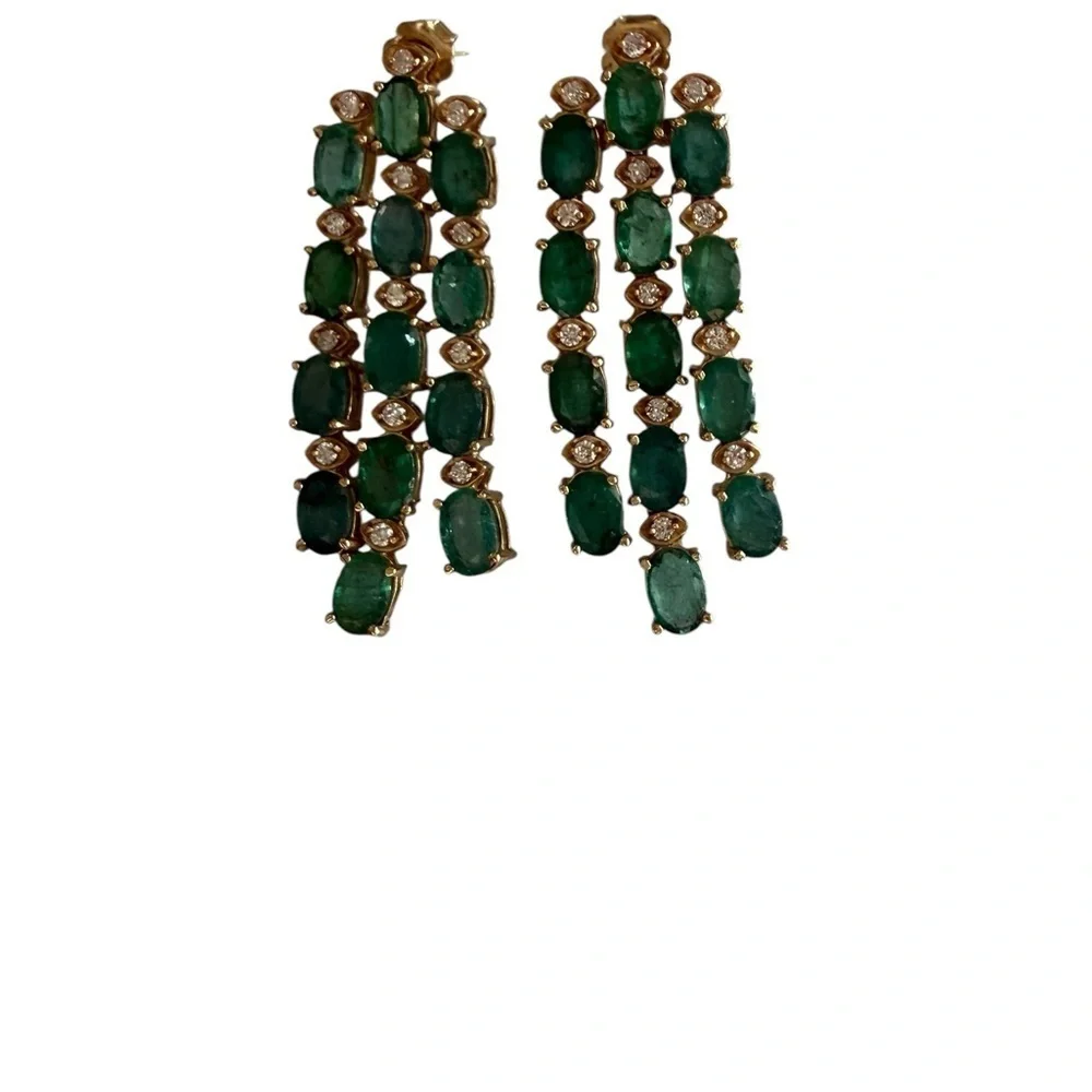 Vintage Emerald Diamond Gold Cascading Post Earrings